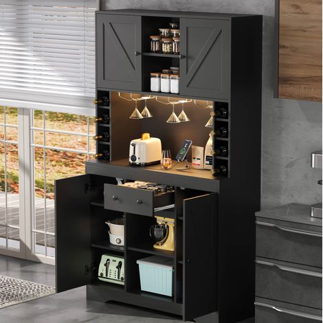 Buffet de cuisine avec led, étagères réglables, tiroir, range-bouteilles et prises, noir, 105x40x180 cm (1/5)