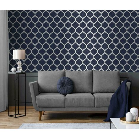 Navy Blue Metallic Silver Geometric Trellis Textured Feature Wallpaper[FULL ROLL - Navy Silver Trellis M24201]