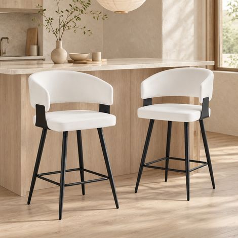 Set de 2 taburetes de bar con respaldo, asiento de polipiel, estructura metálica, blanco OKMYHOME (1/5)