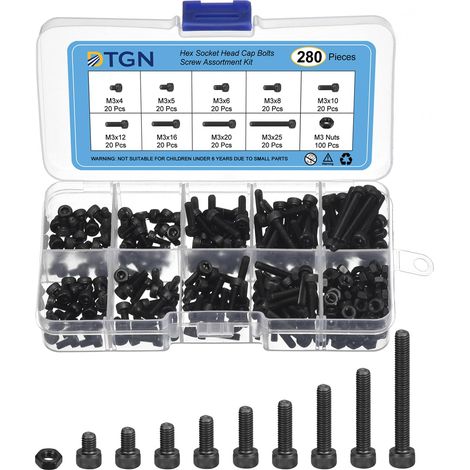 280Pcs M3X4/5/6/8/10/12/16/20/25Mm(Dxh) Assortiment De Boulons Noir (1/5)
