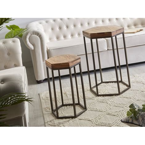Sechseckiger Beistelltisch aus Akazie/Metall, 45 x 65 cm, 2er-Set, 45 x 65/35 x 50 cm