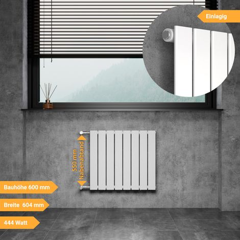 WITEN&NOCK Design Heizkörper Flachheizkörper Paneelheizkörper mit seitlichen Anschlüssen Nabenabstand 550mm weiß einlagig 600x604mm 444 Watt (1/5)