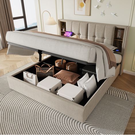 Cama tapizada doble con USB y almacenaje 160x200 lino OKMYHOME (1/5)