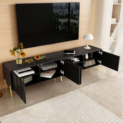 Mueble TV moderno 190x38x48 cm de MDF y paneles de madera negro, con almacenaje FloraGrace (1/5)