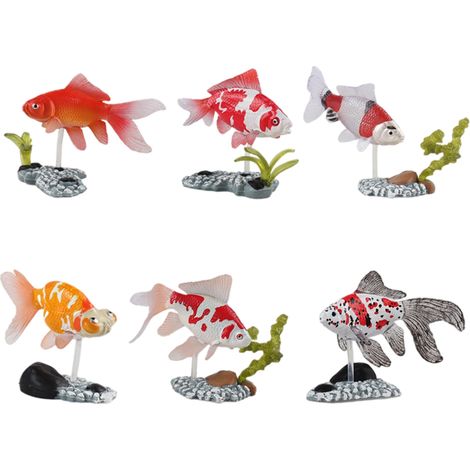 6 figurines de poissons rouges artificiels avec supports, jouets en plastique réalistes pour enfants, décoration d'aquarium. (1/5)