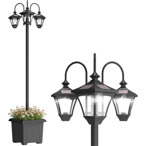 Lampadaire Extérieur sur Pied à 3 Têtes, Lampadaire Solaire Extérieur avec Bac à Fleurs, Éclairage LED, Capteur Automatique Crépuscule à L'aube, Hauteur Réglable, pour Jardin Cour Allée, Noir