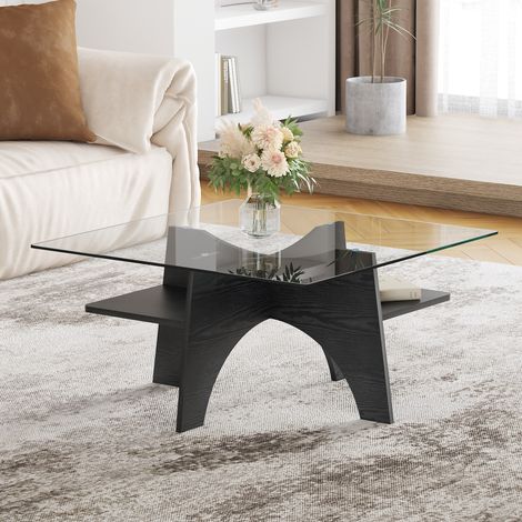 Tavolino da caffè 80x80x36 cm, tavolino da salotto, tavolo quadrato in vetro, struttura in MDF, nero, per casa, sale da pranzo