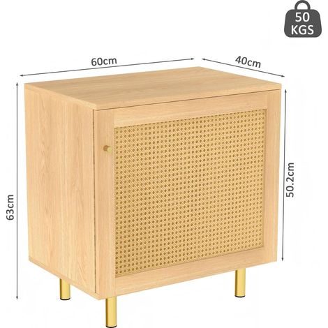 Buffet rustique en rotin, meuble de rangement à une porte, table de chevet ou armoire pour salle à manger. Aspect bois naturel - 63 cm de haut, 60 cm de large, 40 cm de profondeur