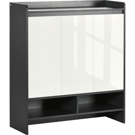 High Gloss Shoe Cabinet with White Doors and Open Shelves, Hallway Shoe Cupboard Storage Organizer for 19 Pairs of Shoes, Grey