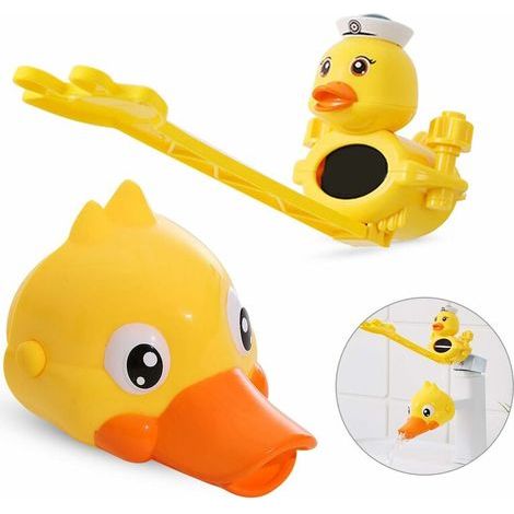 Extensiones de grifo aptas para niños, 2 extensiones de grifo y extensores de interruptor de grifo, con forma de pato, ajustables, que facilitan a los niños pequeños el lavado de manos. (1/5)