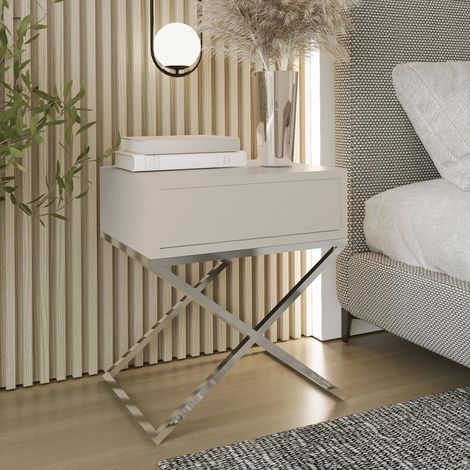 AX LIVING Nachttisch modern Aleio X – 45cm breit, beige, Chromgestell