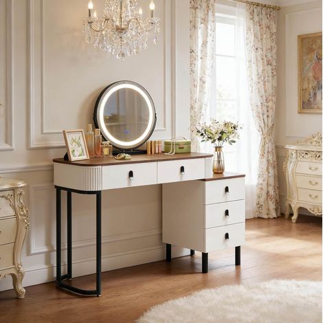 REDOM Toeletta con specchio LED 100x40x125 cm, 5 cassetti, specchio girevole 360°, legno massello e metallo, marrone e bianco (1/5)