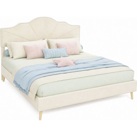 Lit double beige 160 x 200 cm tete de lit geometrique avec clous decoratifs - CHICFURN (1/5)