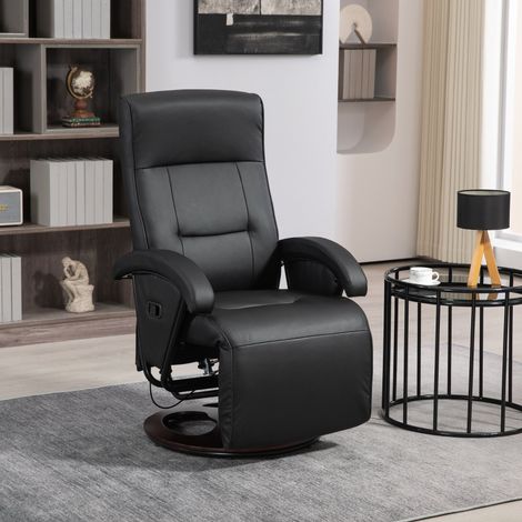 Fauteuil pivotant rembourré, similicuir, repose-pieds, base en bois, inclinable, noir (1/5)
