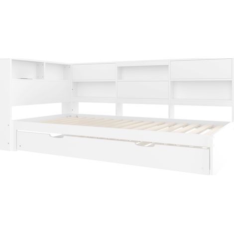 Cama banqueta 90 x 200 cm blanca con cabecero de almacenaje, cama nido, sin colchón, HOMVRA (1/5)