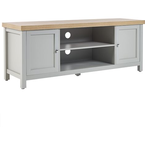 Mueble TV tablero de partículas gris madera clara 130 cm estantes puertas Hamp