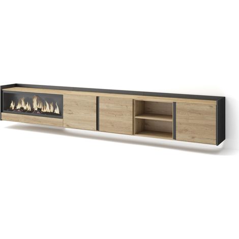 Skraut Home - Meuble TV, Banc Télé, Grand espace de Rangement, 315x35x50cm, Pour les TV jusqu'à 80", Cheminée électrique XXL, Suspendu, Mural, LED, Style moderne, Chêne et noir (1/5)