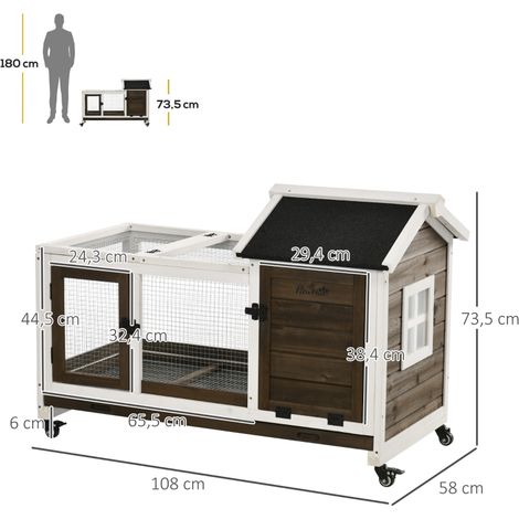 Clapier pour petit animal pour lapins nains, cochons d’inde, avec roulettes, 108 x 58 x 73,5 cm, café (1/5)