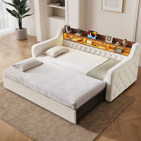 Divano letto 90x190 cm con letto estraibile, velluto beige, LED, USB, Type-C DESVIAE (1/5)