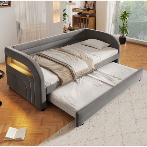 Kinderbett 90x200 mit ausziehbarem Gästebett und LED-Beleuchtung, grau HAVRYA (1/5)