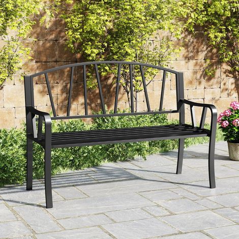 Banc de Jardin en Métal de 129 cm Banc à Lattes pour 2 à 3 Personnes Banc pour Parc avec Accoudoirs Incurvés Siège d'Extérieur Robuste Noir (1/3)