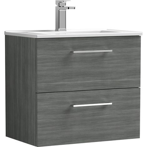 Nuie Arno Anthracite Woodgrain 600mm Wall Hung 2 Drawer Vanity Unit and Minimalist Ceramic Basin - ARN524B (1/5)