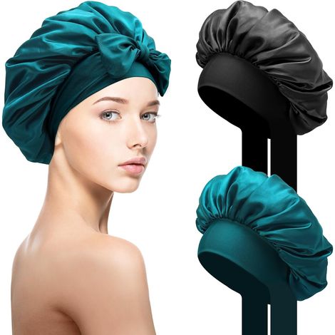 Satin-Nachthaube – 2er-Pack – Weiches und atmungsaktives Material – Breites, verstellbares Band – Für langes und lockiges Haar – Einheitsgröße (1/5)