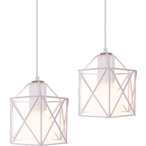 2 Pack Suspension Luminaire Industrielle en Métal Cage Cube Vintage Lustre Abat-jour Plafonnier E27 Salon Chambre Cuisine, 15CM, Blanc - Blanc BLOW (1/4)