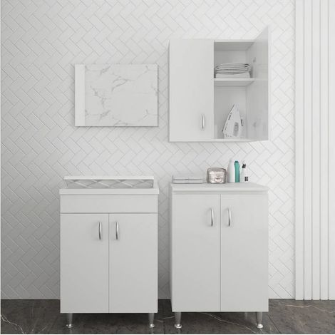Set bagno/lavanderia con lavatoio 60x50 cm, specchio, pensile e colonna - serie Eco (1/2)