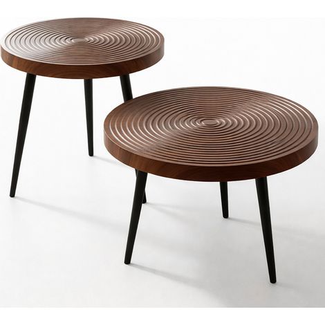 Set 2 Tavolini da Caffè Tondi Noce Design Industrial Tavoli da Soggiorno Rotondi