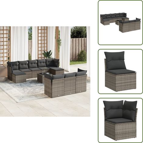 11-tlg. Garten-Sofagarnitur mit Kissen Grau Poly Rattan - Gartenmöbel Set - Rattan Möbel - Outdoor Sofa - Lounge Set - Gartenlounge (1/5)