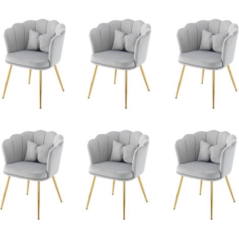 Set de 6 sillas de comedor de terciopelo gris con respaldo de pétalo, patas de metal dorado y cojín decorativo, para salón, dormitorio o recibidor  CHICFURN (1/5)
