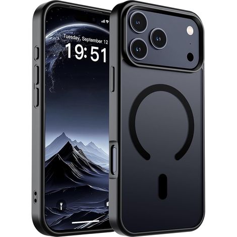 Coque magnétique pour iPhone 17 Pro Max (compatible MagSafe) (protection antichoc de qualité militaire) semi-transparente mate antichoc et anti-traces de doigts, noire (1/5)