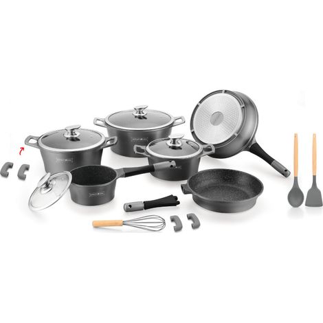 Batterie de cuisson complète effet marbre - 17 pièces - Tous feux - Gris - Livraison gratuite