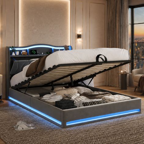 Lit Coffre 140x200cm LED, Lit Hydraulique Double avec Rangement Dissimulé, Tête de Lit Rembourrée avec Étagères, Ports USB/Type-C, Cadre en Bois et Métal, Velours,Gris (1/5)