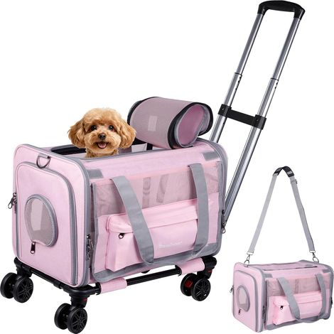 Sac Transport Chat Chien, roulettes, Pliable, Rose, 3-en-1 (1/5)