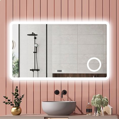 Aica Miroir de salle de bain 140x80cm Tricolore + Dimmable + Horloge + Anti-Buée