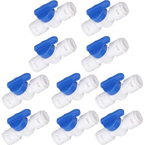 Lot de 10 vannes à bille d'arrêt en ligne, raccords rapides en plastique de 6,35 mm (1/4 po) de diamètre extérieur pour tuyaux de systèmes de purification d'eau par osmose inverse (RODI). (1/5)