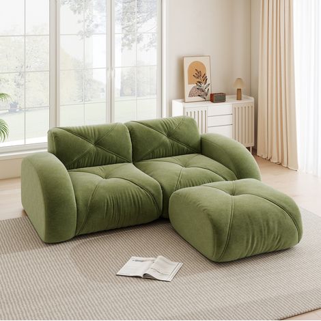 Sofá modular de 2 plazas con puf, espuma 32D de alta densidad, tapizado chenilla verde HAVRYA (1/5)