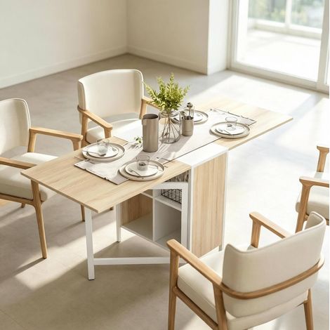 Mesa extensible con compartimento, mesa abatible 170 x 60 x 75 cm, blanco/roble claro HAVRYA (1/5)