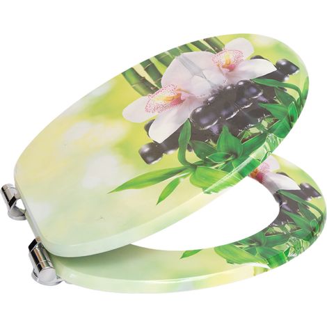 Abattant de toilettes rond en MDF avec charnières à fermeture douce, motif orchidée et pierre de bambou Zen Spa, accessoire décoratif pour salle de bain, fermeture silencieuse, facile à nettoyer, tail (1/5)