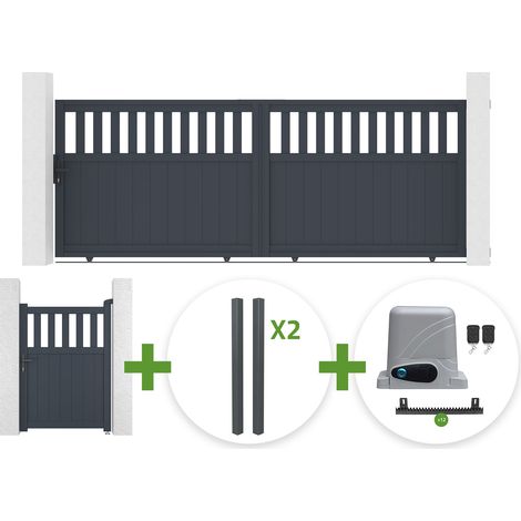Portail coulissant 3,7m SANTIS H.140cm aluminium gris + 4 poteaux ELDA + Portillon 1m SANTIS H.140cm aluminium gris + motorisation Ranger C300 (1/5)