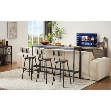 Table de bar industrielle grise et noire, 3 tabourets hauts rembourrés en similicuir PU, ensemble pour cuisine, salle à manger, salon ou espace réception, style rustique et moderne. (1/5)