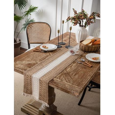 Boho marokkanischer Tischläufer Bauernhaus rustikal handgefertigt Baumwolle Leinen Quasten Bohemian Vintage Urlaub Party Tischdekoration BeigeA, 12"×108") (1/5)