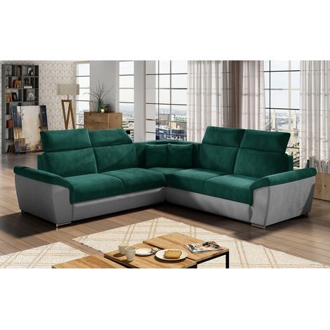 Canapé d'angle - convertible - FELIPE VELOURS - en tissu luxe vert et gris, 5/6 places (1/5)