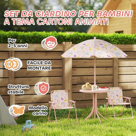 Table ronde enfant 2-5 ans avec 2 chaises pliantes et parasol, ensemble mobilier jardin rose pour jeux extérieurs