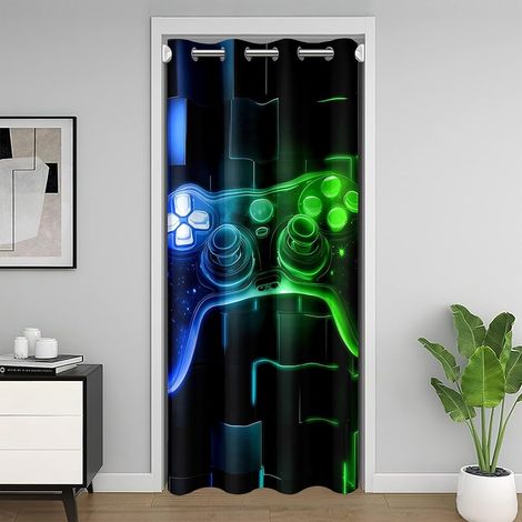 Rideau de Porte 86x203 Enfant Gaming Bleu Vert, Rideaux Occultant Ado Garcon Gamer Decoration Chambre Gaming, Rideau de Placard Jeux Vidéo, Rideaux Intérieurs Carrée Géométrique Néon - 86L X 203H cm ( (1/5)