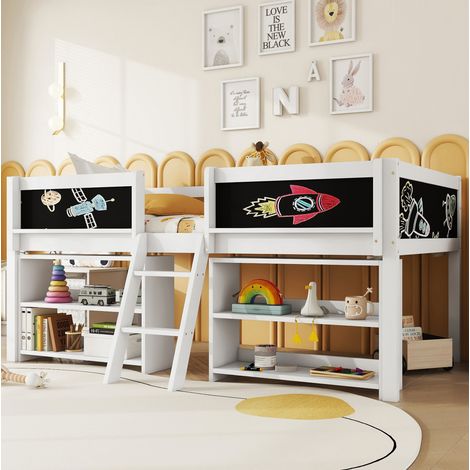 Cama semialta de madera de pino y MDF blanca 90x200 cm con estantes, pizarra y barrera (1/5)