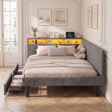 Lit adulte 140x200 cm, lit capitonné avec tiroirs, Lit d'angle avec éclairage LED et port USB/Type-C, sommier à lattes, velours, Gris (1/5)