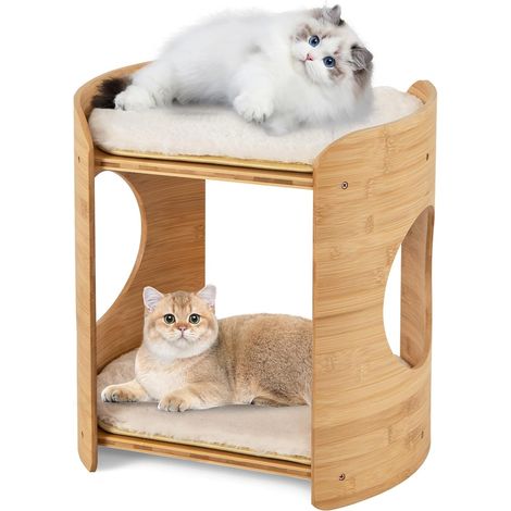GOPLUS Maison pour Chat à 2 Étages, Niche pour Chat en Bambou avec Lits Doubles, Coussins Amovibles et Lavables, Style Ferme avec 2 Plateformes, 40x33x41cm (1/5)